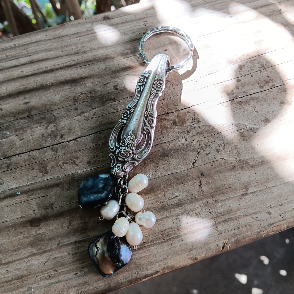 Vintage Rare Silverware Floral Festivity Key Ring Purse Charm Freshwater Pearls